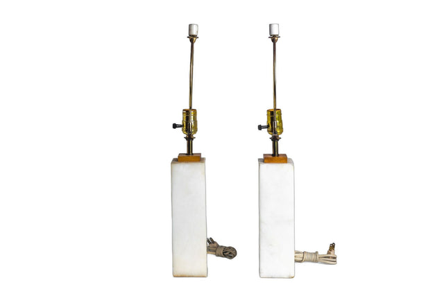 Pair of Italian Carrera Marble Square Bedside Lamps Nessen Style 1960's