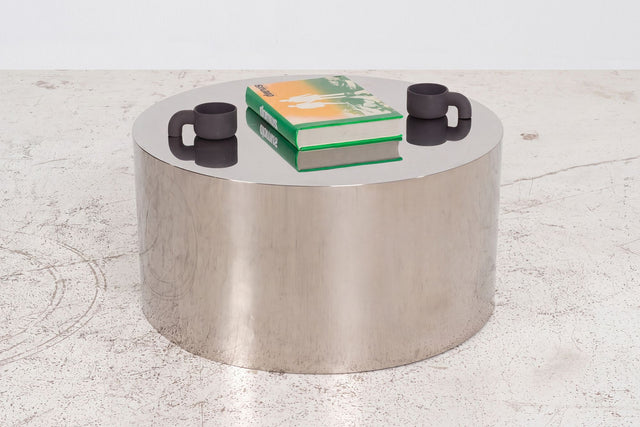 Custom Polished Metal Drum Coffee Table in the Style of Brueton, 1980