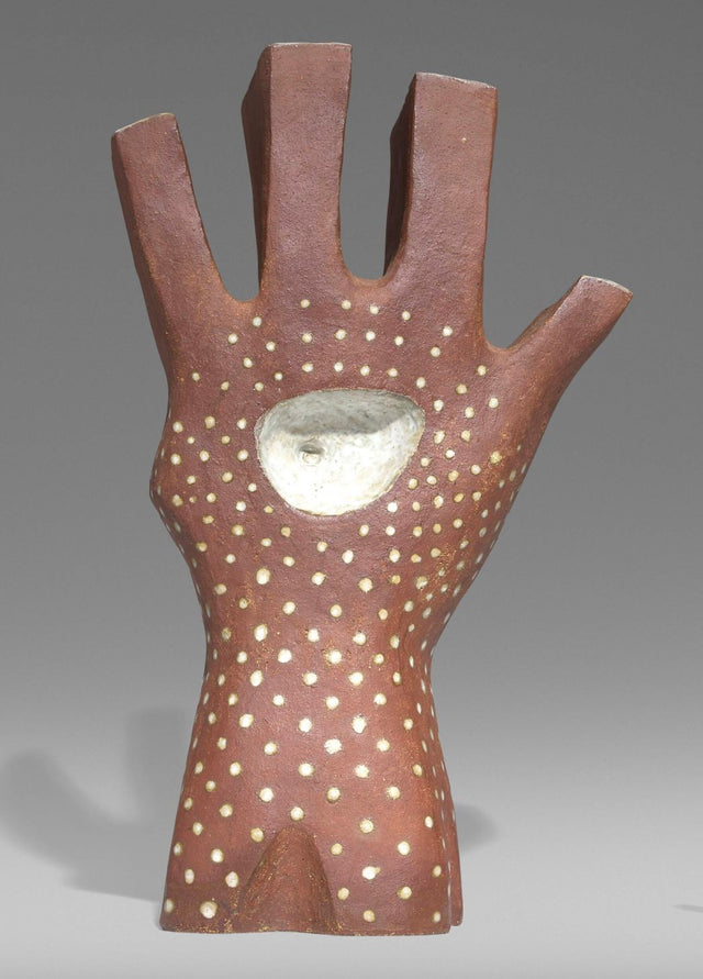 Monumental Leza McVey Surrealist "Eye in Hand" Ceramic Sculpture, 1977