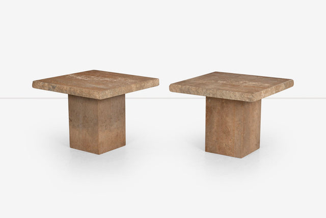 Pair of Light Brown Italian Travertine Side Tables