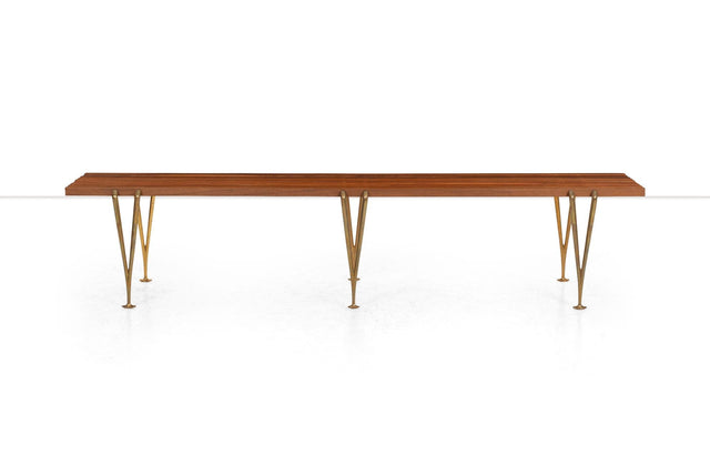 Hugh Acton Slat Bench, Oiled Walnut and Brass, 1960 Hand Signed by Acton