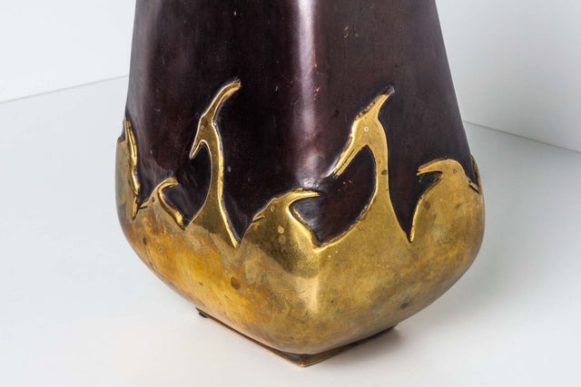 Handmade Art Deco Bronze Vase with Herons Overlay