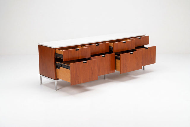 Florence Knoll Eight-Drawer Credenza Teakwood and Marble 1973