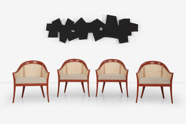 Harvey Probber Set of Four Occasional Chairs, Salmon Lacquer & Cane, c. 1960