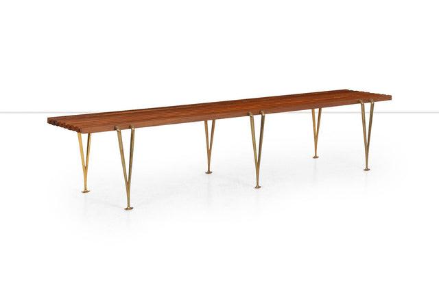 Hugh Acton Slat Bench, Oiled Walnut and Brass, 1960 Hand Signed by Acton