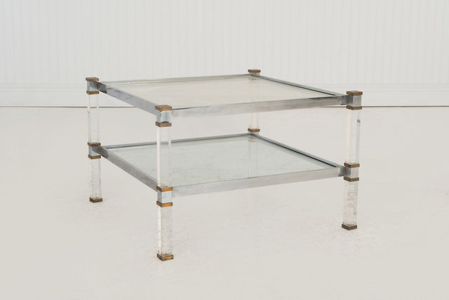 Romeo Rega Brass, Lucite & Glass Side Table, Italy 1970s