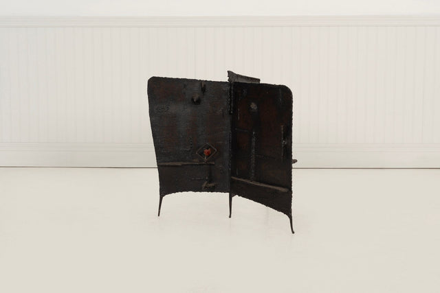 Brutalist Tripod Floor Sculpture, c. 1955 – Blackened Steel & Orange Crystal