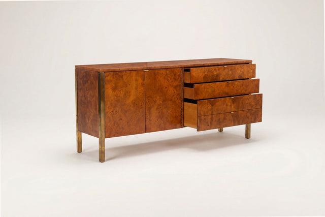Tomlinson Burl Walnut Credenza or Sideboard, Brass Trim, North Carolina, 1960s