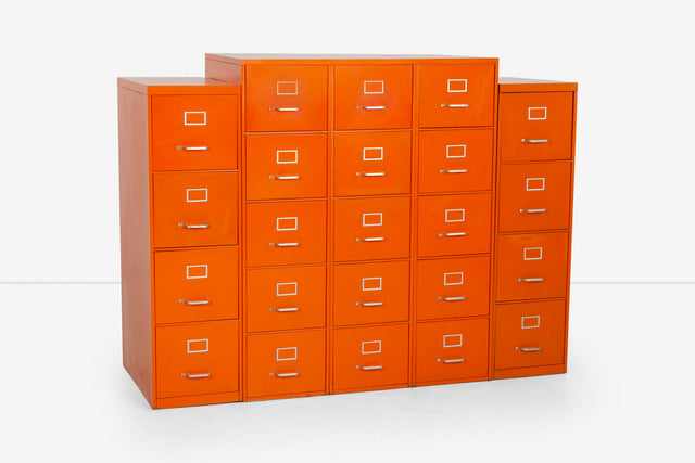 Set of Five Orange Industrial Filling Cabinets