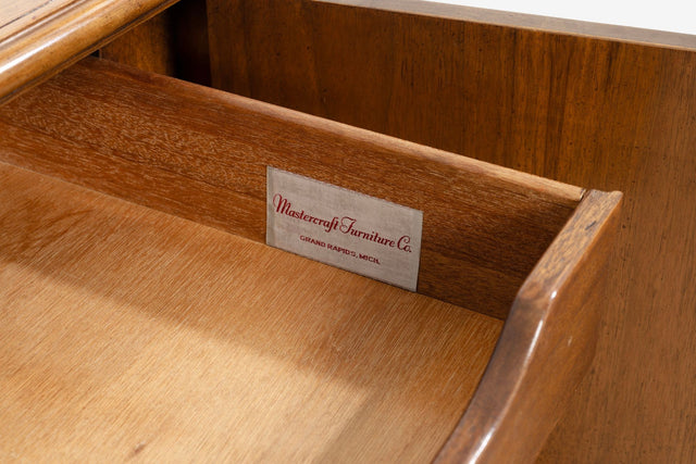 Benard Rhone for Mastercraft Cabinets, Burled Elm with Brass Knocker Pulls, 1965