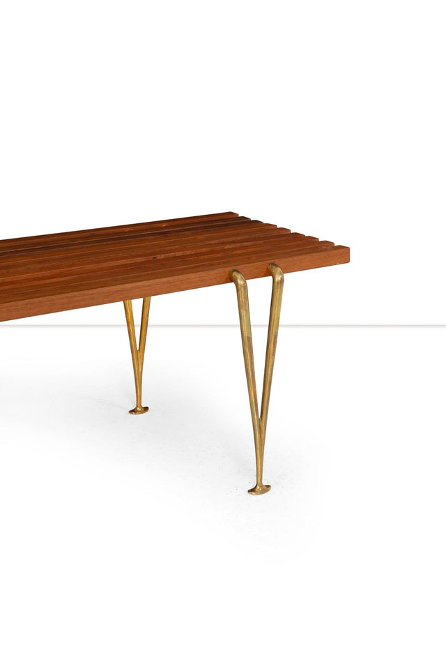 Hugh Acton Slat Bench, Oiled Walnut and Brass, 1960 Hand Signed by Acton