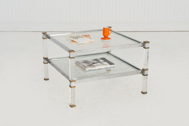 Romeo Rega Brass, Lucite & Glass Side Table, Italy 1970s