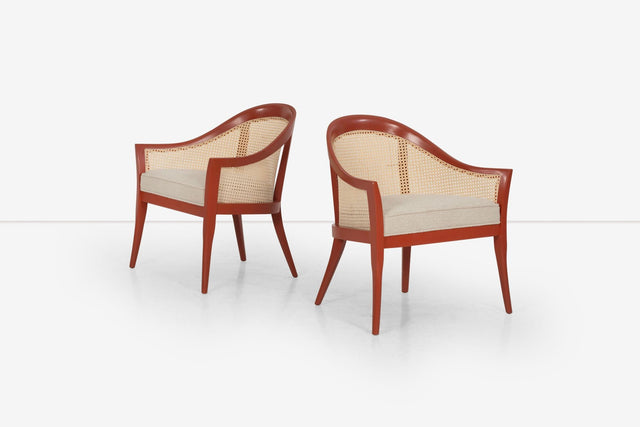 Harvey Probber Set of Four Occasional Chairs, Salmon Lacquer & Cane, c. 1960