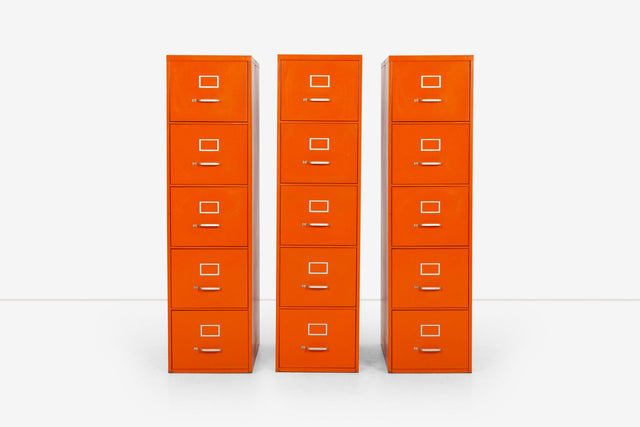 Set of Five Orange Industrial Filling Cabinets