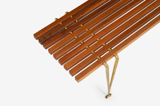 Hugh Acton Slat Bench, Oiled Walnut and Brass, 1960 Hand Signed by Acton