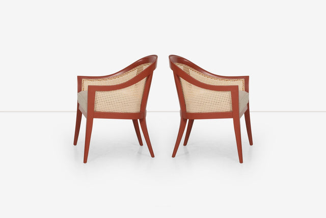 Harvey Probber Set of Four Occasional Chairs, Salmon Lacquer & Cane, c. 1960