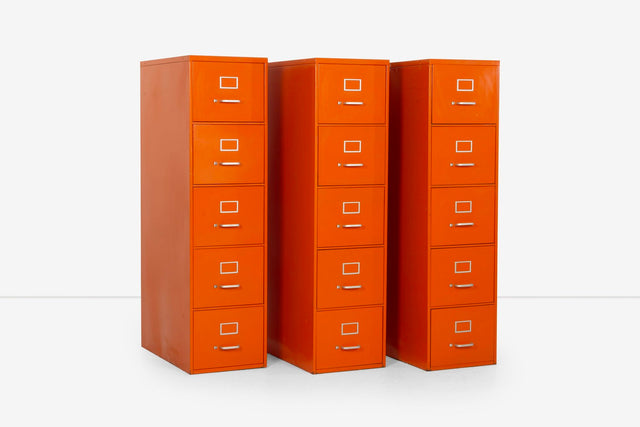 Set of Five Orange Industrial Filling Cabinets